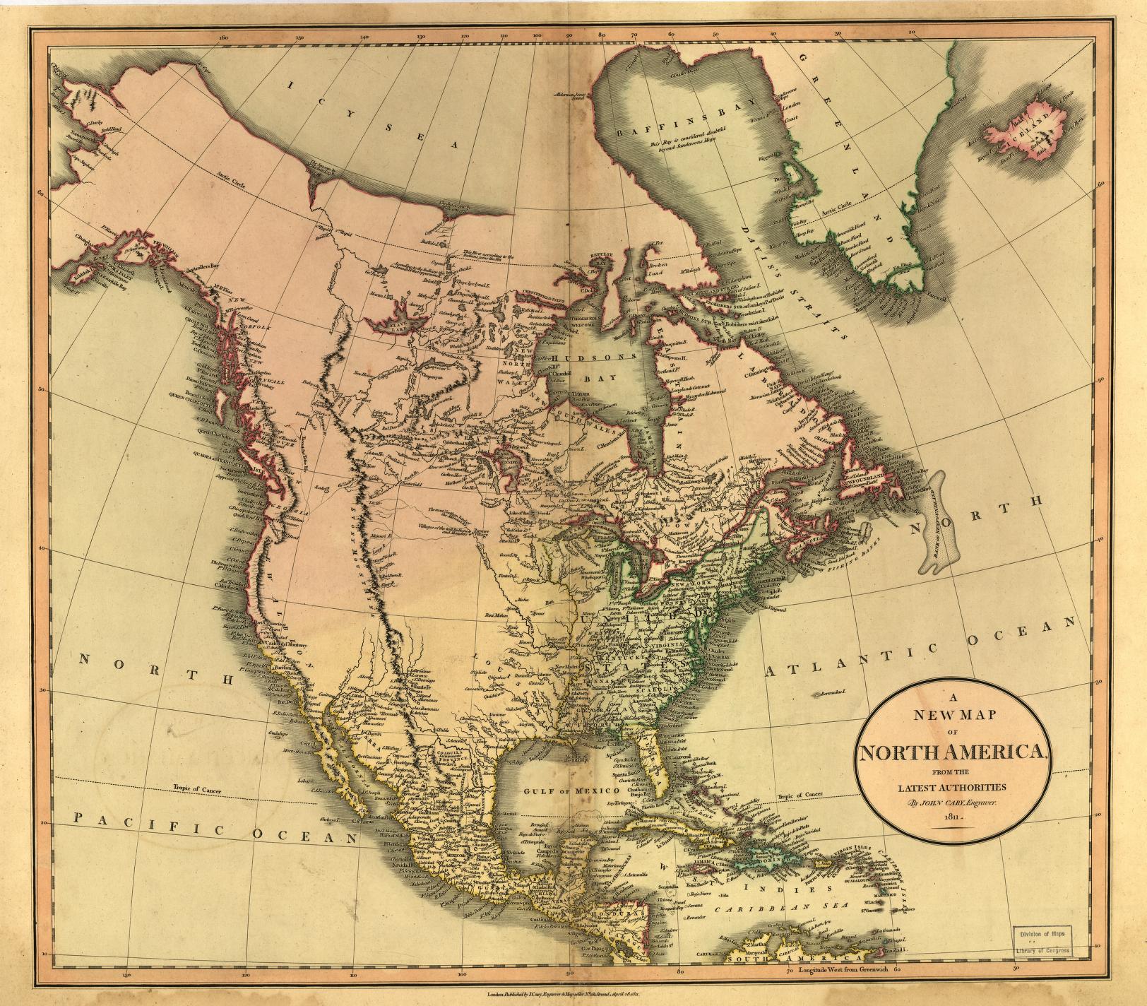 An 1811 map of North America showing coastlines, waterways, mountain ranges, and named regions