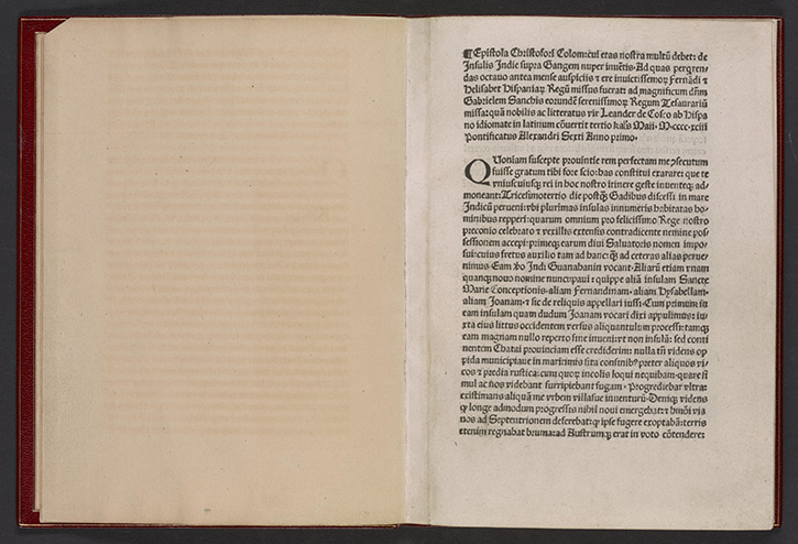 Open pages from a 1493 printed Latin edition of Christopher Columbus’s letter
