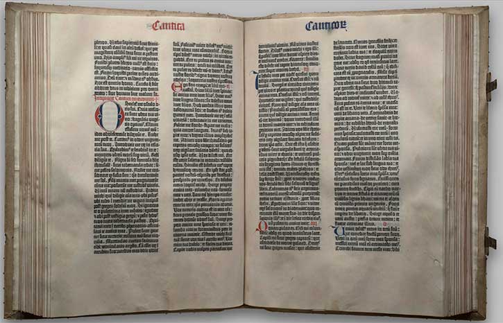 Decorated pages from a Gutenberg Bible printed in the fifteenth century