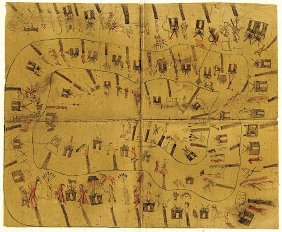 Kiowa calendar recorded on hide with a pictograph marking a smallpox outbreak